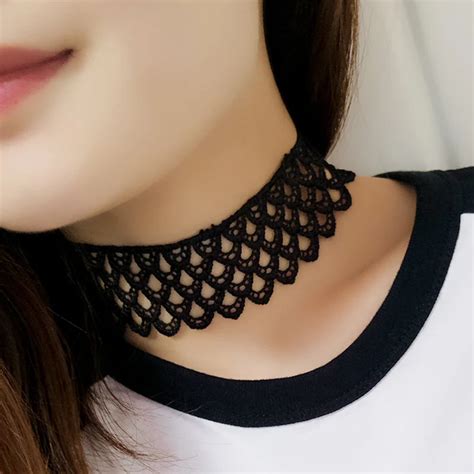 Vintage Gothic Punk Black Scale Choker Necklace Wide Lace Choker Hollow