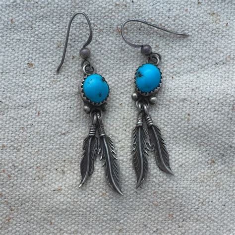 Vintage Turquoise And Feather Earrings Sterling Silver Dangle