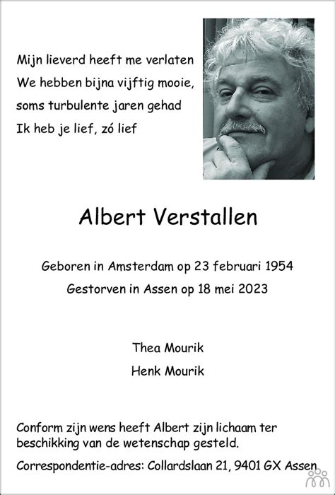 Albert Verstallen 18 05 2023 Overlijdensbericht En Condoleances