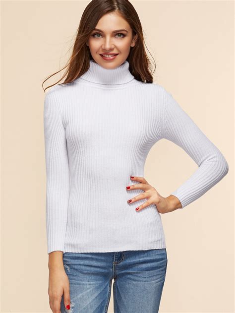 White Ribbed Knit Turtleneck Slim Fit Sweater Sheinsheinside