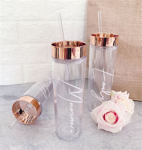 Rose Gold Tumbler With Straw Personalized Bridesmaid Tumblers Etsy