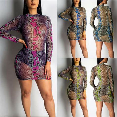 Mujeres Sexy Snakeskin Vestido De Malla Transparente Bodycon