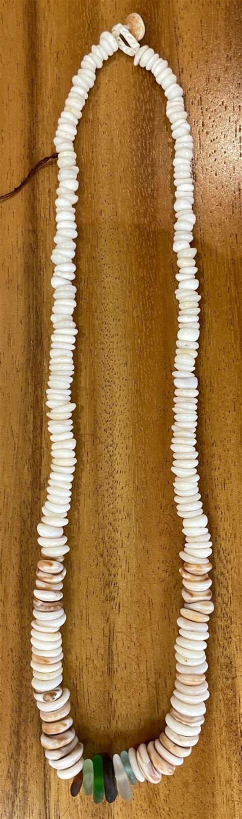 White And Multicolor Hawaiian Puka Shell Necklace With Green Brown