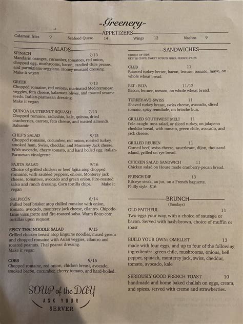 Menu At Greenery Restaurant El Paso 750 Sunland Park Dr
