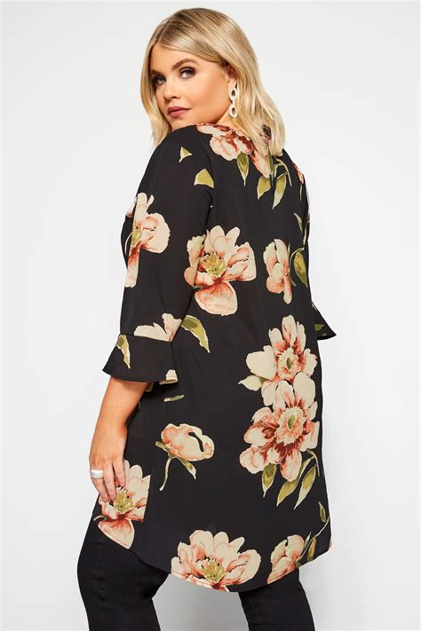 Black Floral Print Longline Blouse Yours Clothing