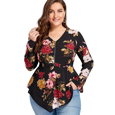 Wipalo Women Tops Plus Size Half Zipper Floral Asymmetric New Casual