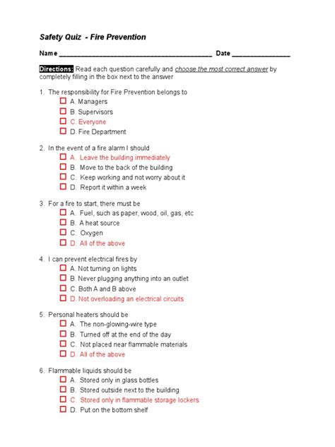 Safety Quiz Fire Prevention Answer Key 1