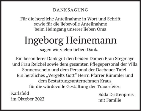 Traueranzeigen Von Ingeborg Heinemann Trauer Merkur De