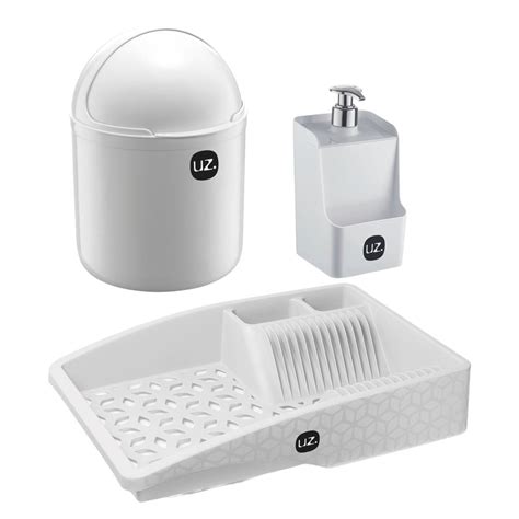 Kit Organizador De Cozinha Pia Bonita Pc Escorredor Lixeira E