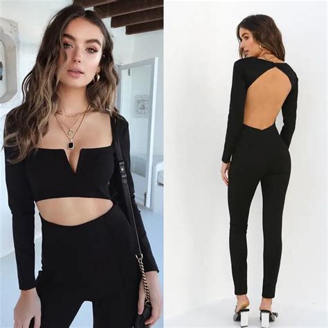 2018 New Brand Women Ladies Clubwear Summer Black Long Sleeve Playsuit