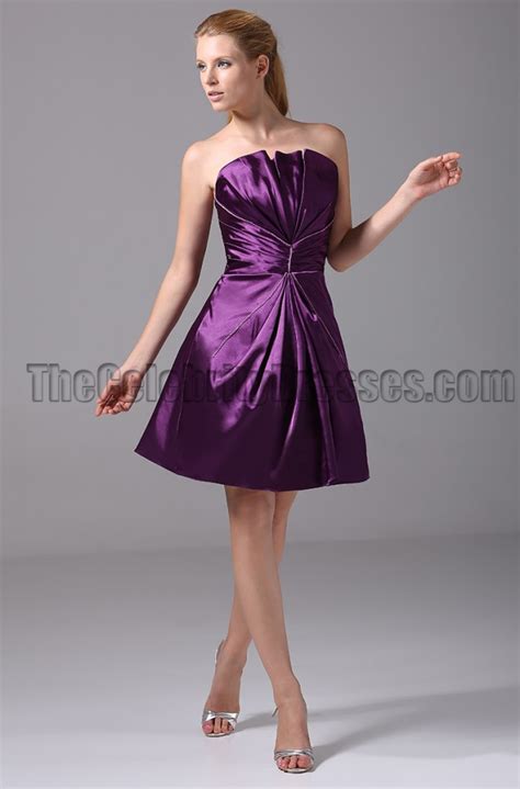 Short Purple Strapless Bridesmaid Graduation Party Dresses