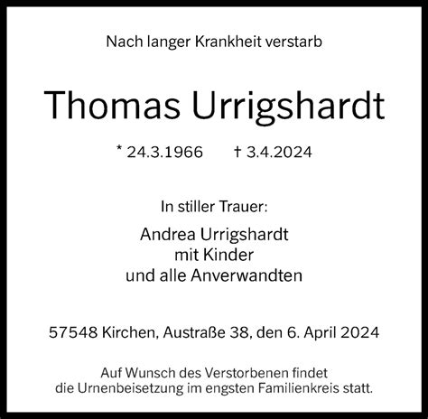 Traueranzeigen Von Thomas Urrigshardt Rz Trauer De