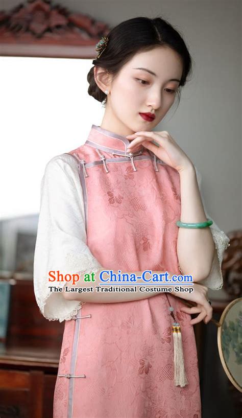 Republic Of China National Cheongsam Pink Silk Qipao Dress Traditional