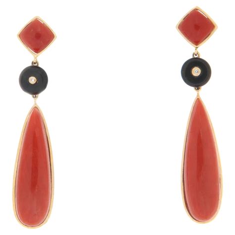 Coral Onyx Diamonds 14 Karat Yellow Gold Drop Earrings For Sale At 1stdibs