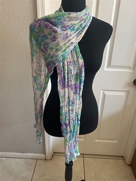 Vintage Sheer Nylon White Blue Green And Purple Floral Long Rectangular Scarf Collectible