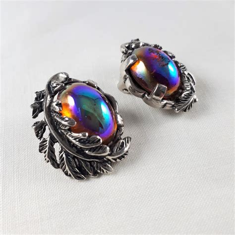 Vintage Dragons Breath Cabochon Clip Earrings Jelly Opal Non Pierced