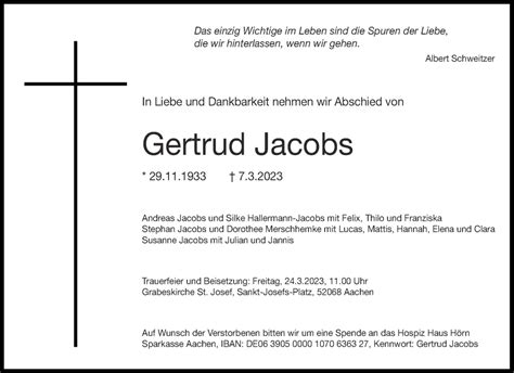 Traueranzeigen Von Gertrud Jacobs Aachen Gedenkt