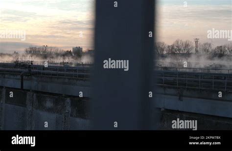 Steam Rising Over Basins At Waste Water Treatment Station Stock Video