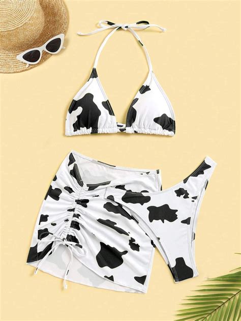 Shein Swim Summer Beach Cow Print Halter Triangle Bikini Set With