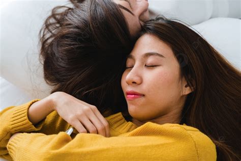 Beautiful Young Asian Women Lgbt Lesbian Happy Couple Hugging And