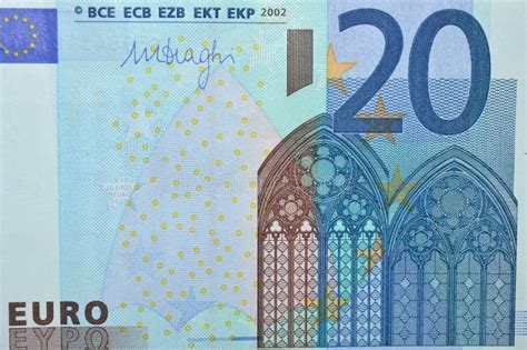 Lado Trasero Del Billete De Banco Del Euro Veinte Con El Mapa De Europa