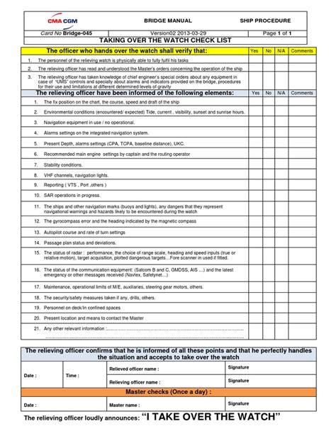 Bridge 045 Taking Over The Watch Checklist Navigation Ships Free 30 Day Trial Scribd