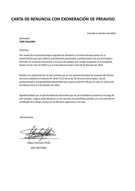 Carta De Renuncia Con Exoneraci N De Preaviso Carta De Renuncia Con