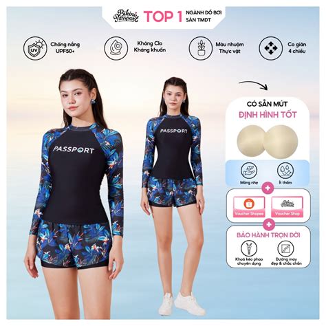 Đồ bơi Nữ BIKINI PASSPORT kiểu hai mảnh short áo tay dài Logo Đen Hoa lá BS FLO Shopee