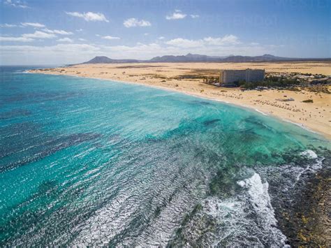 Aerial view of Corralejo’s Big Beaches with turquoise sea in ...