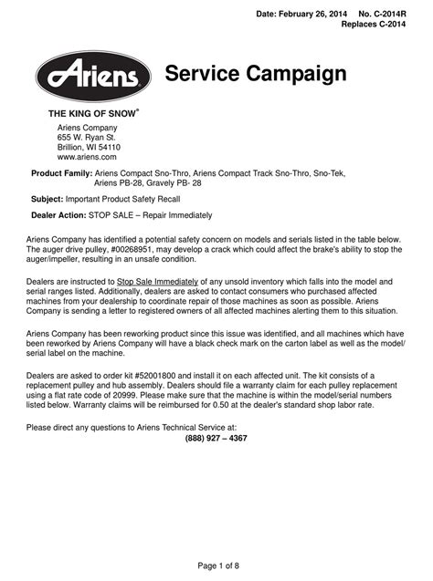 ARIENS 920013 SERVICE CAMPAIGN Pdf Download | ManualsLib