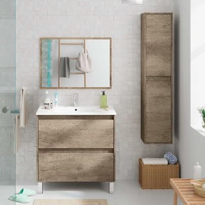 Mobile Bagno Da Terra Cm Linea Way Rovere Chiaro Specchio E Lavabo