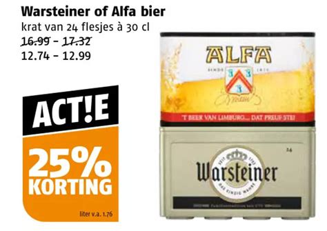 Warsteiner of Alfa bier krat van 24 flesjes à 30 cl aanbieding bij Poiesz