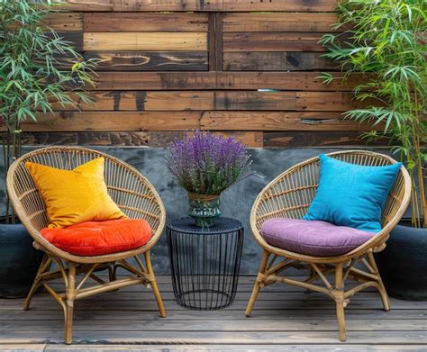 Premium Photo Cozy Outdoor Seating With Colorful Cushions And Plants