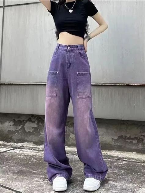 Purple Baggy Jeans Women Boyfriend Style High Waist Gradient Color