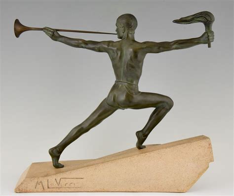 Art Deco Sculpture Male Nude With Trumpet And Torch Deconamic