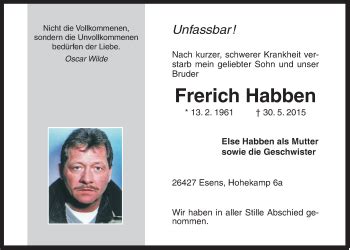 Traueranzeigen Von Frerich Habben Nordwest Trauer De