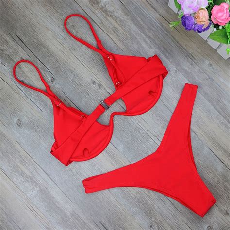 The New High Cut Thong Bathing Suit High Waist Sexy Bikini Swimsuit Solid Swimwear Women
