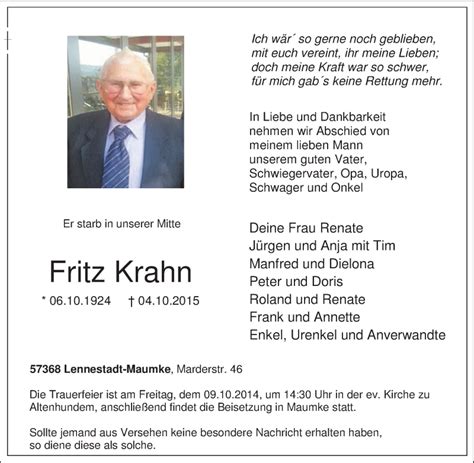 Traueranzeigen Von Fritz Krahn Trauer In Nrw De