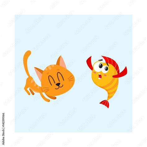 Funny Smiling Cat Kitten Character Trying To Catch And Eat Golden