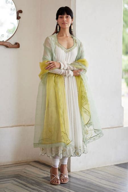 Buy Ivory Anarkali Pure Chiffon Hand Embroidered Salli Queen Floral