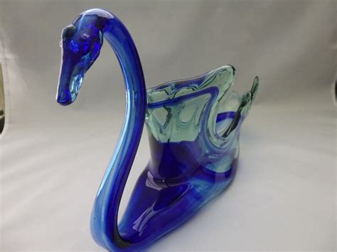 Vintage Hand Blown Cobalt Blue And Clear Sooner Glass Swan Candy Dish Artificial Flower Basket