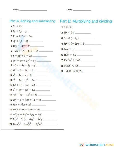 Operation On Algebraic Expression Worksheet