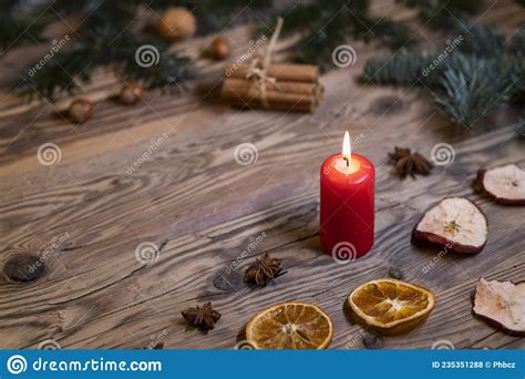 Traditional Czech Christmas On Wood Decoration With Twig Candle Apple