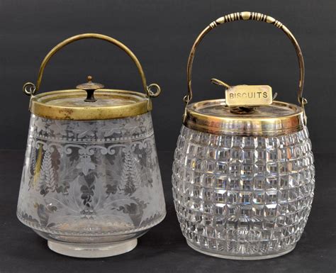 Lot 2 Vintage Cut Etched Glass Biscuit Jars