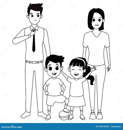 Family Parents and Childrens Cartoons in Black and White Stock Vector - Illustration of hair ...