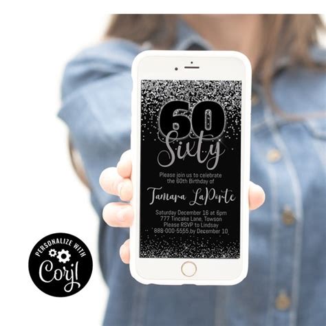 Digital 60th Birthday Text Invitation Black And Silver 60th Birthday