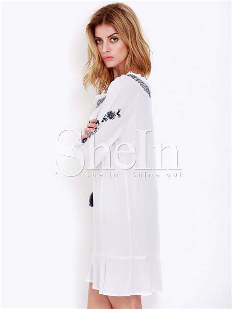 White Long Sleeve Tribal Embroidered Dress Shein Sheinside