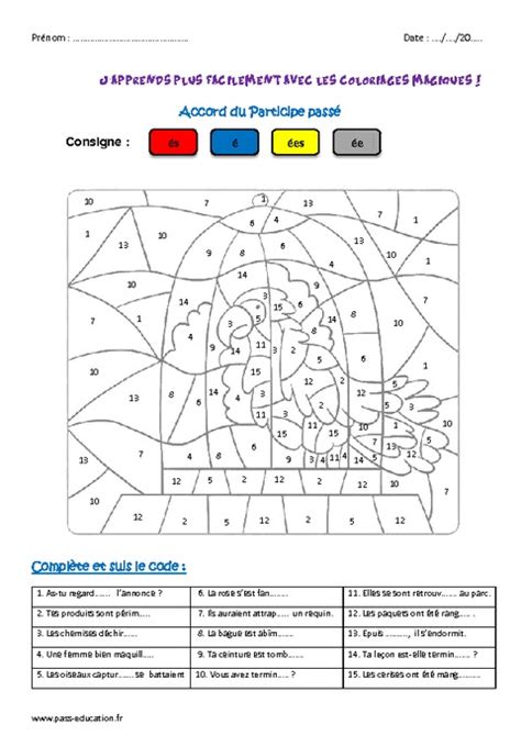 Accord du participe passé Cm2 Coloriage magique Pass Education