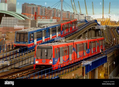 Dlr Train Docklands Light Railway Going Over Viaduct Bridge Isle Of