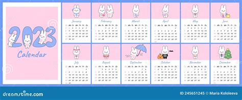 Verticale Kalender 2023 Met Schattige Konijnen Van Kawaii Deksels En